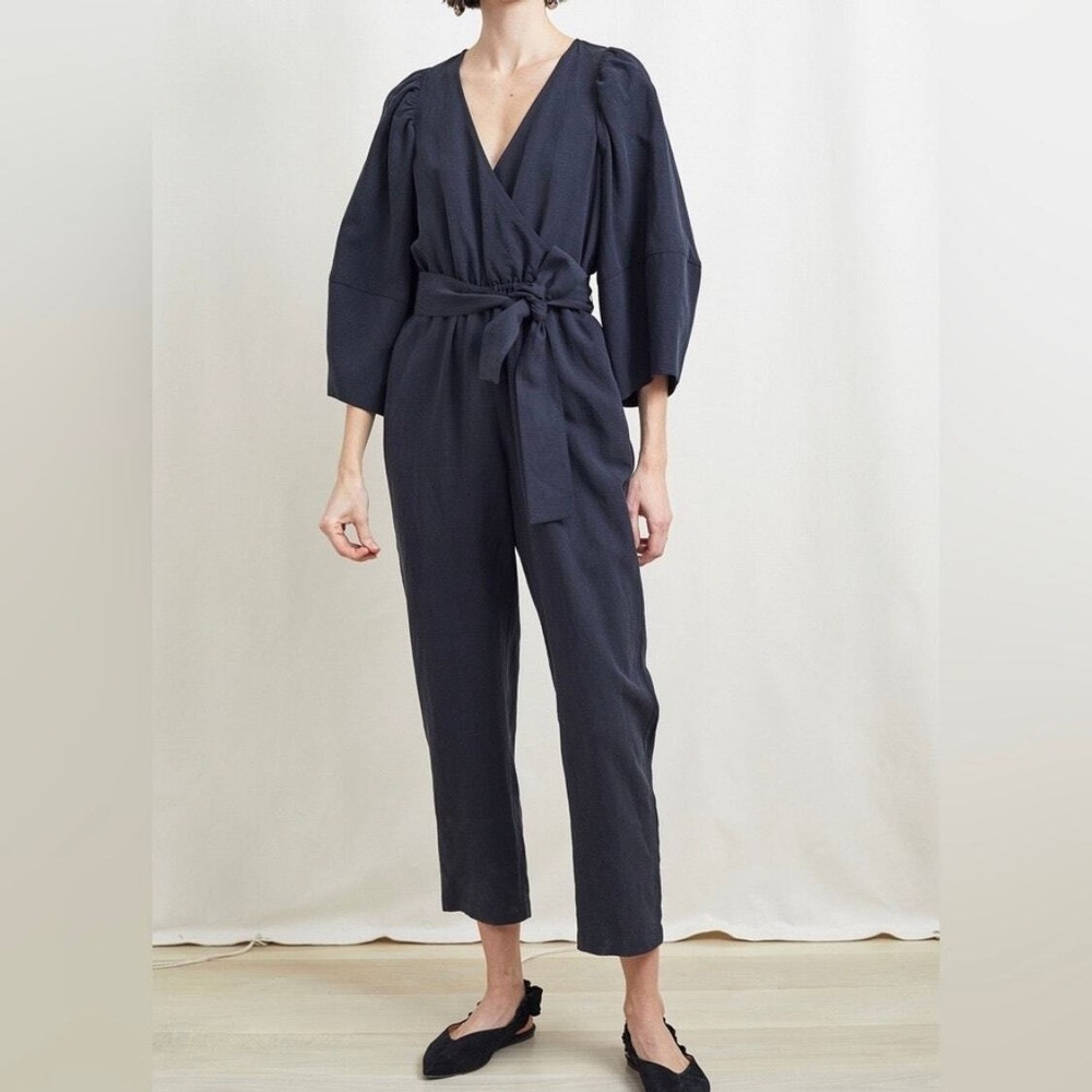 Apiece Apart Jumpsuit Women 0 Black Wrap Puff Sleeve Belted V-Neck Tapered Leg